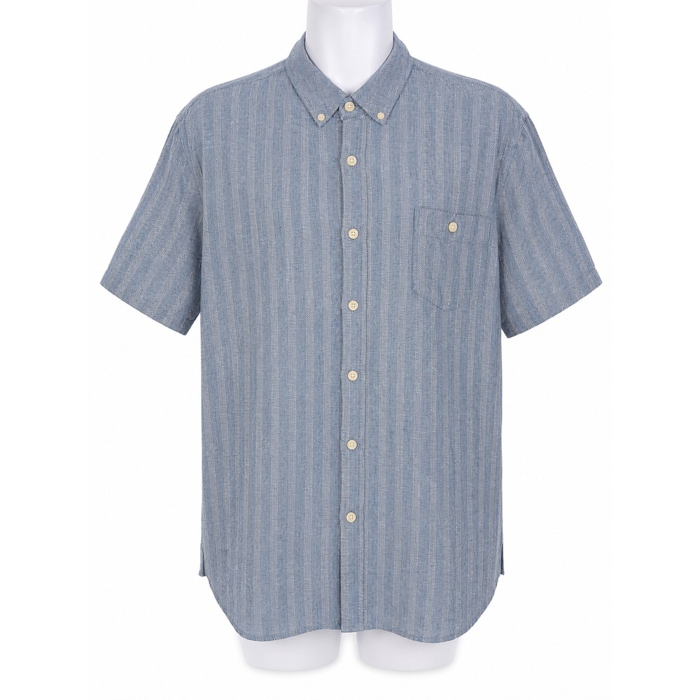 Weatherproof Vintage Linen Blend‎ Shirt Blue Striped Button Up Casual Coastal